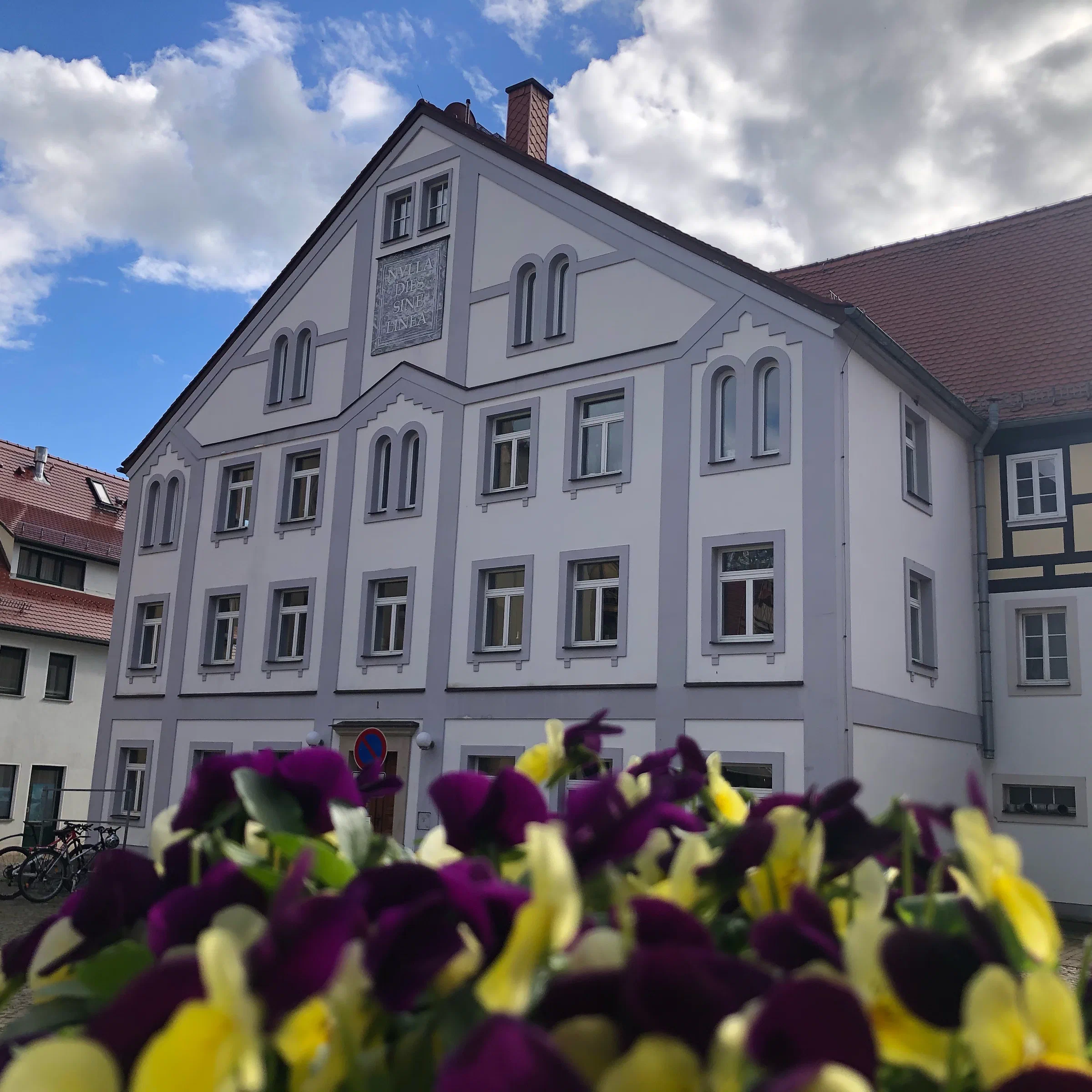 Historisches Gebäude am Marktplatz mit Stiefmütterchen im Vordergrund