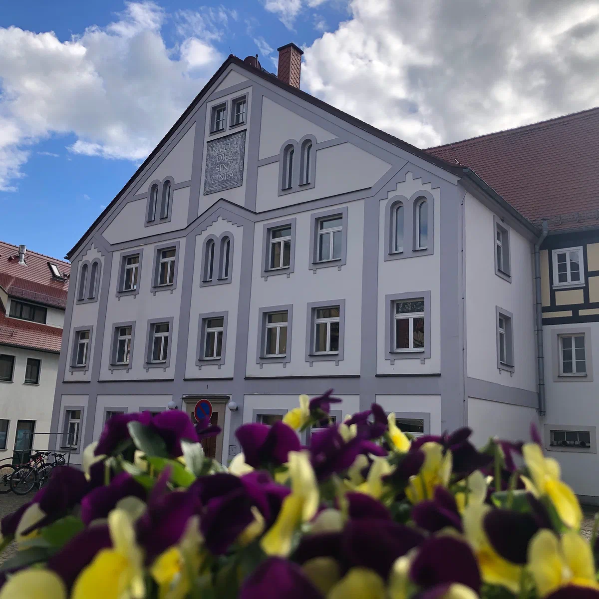 Historisches Gebäude am Marktplatz mit Stiefmütterchen im Vordergrund