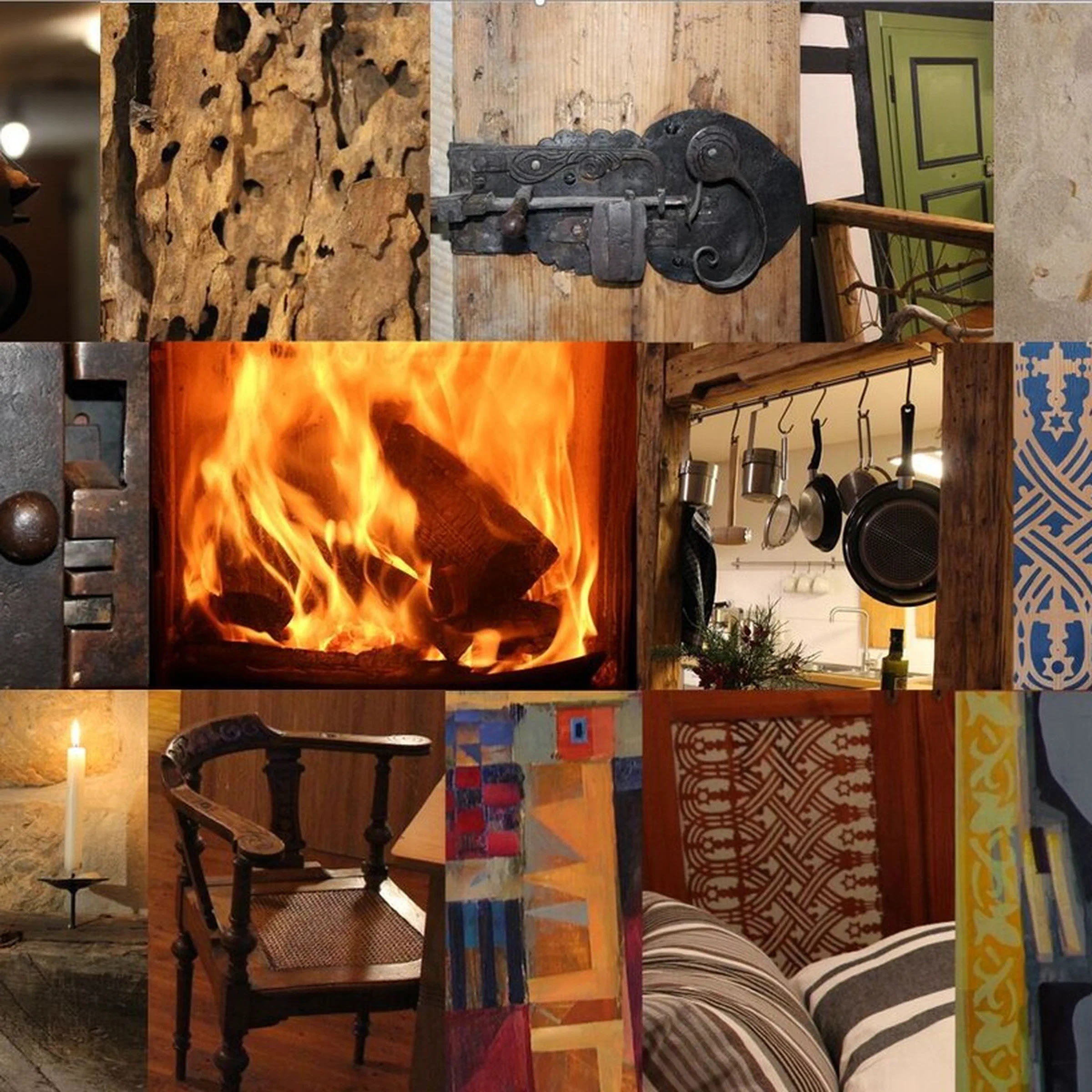 Detailcollage: Holzbalken, Kaminfeuer, Küchenutensilien und historische Beschläge