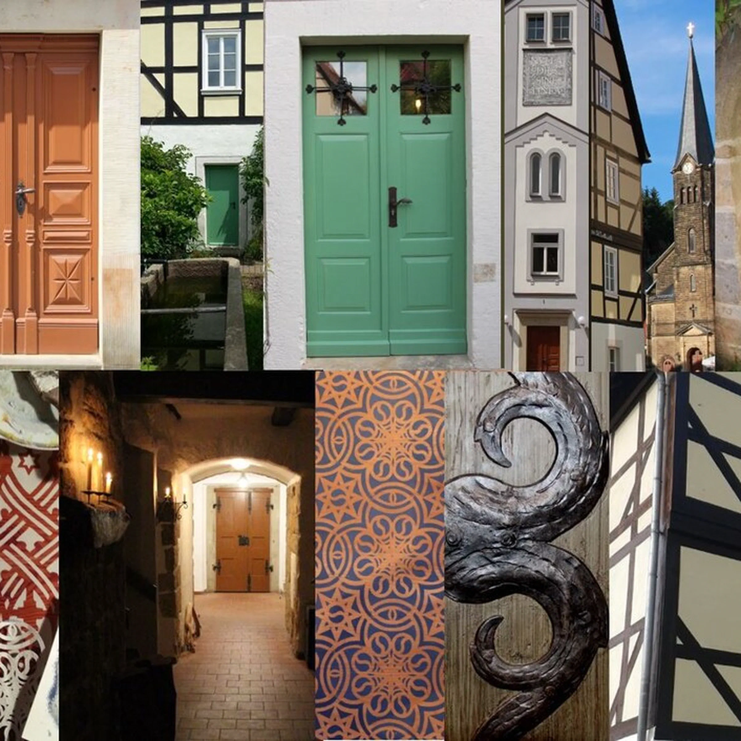 Detailcollage: Haustüren, Fachwerkfassade und Kirchturm von Stadt Wehlen